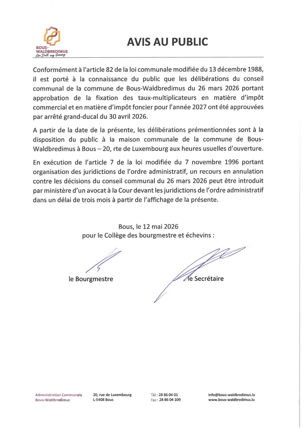 2026 05 12 - Fixation des taux multiplicateurs de l'impôt foncier et de l'impôt commercial pour l'année 2027