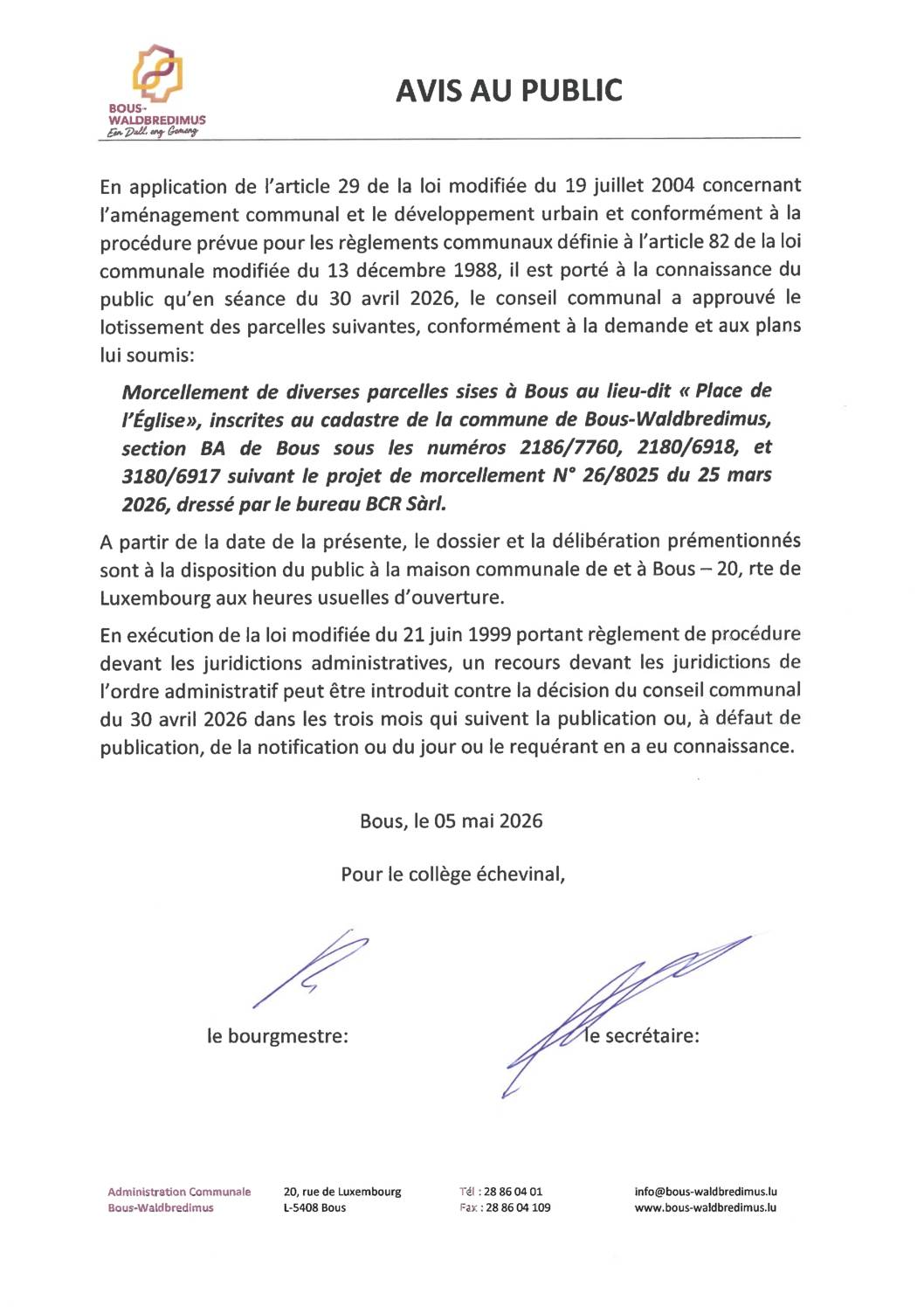 2026 05 05 - Morcellement de parcelles sises à Bous au lieu-dit "Place de l'église" section BA : 2186/7760, 2180/6918 et 3180/6917