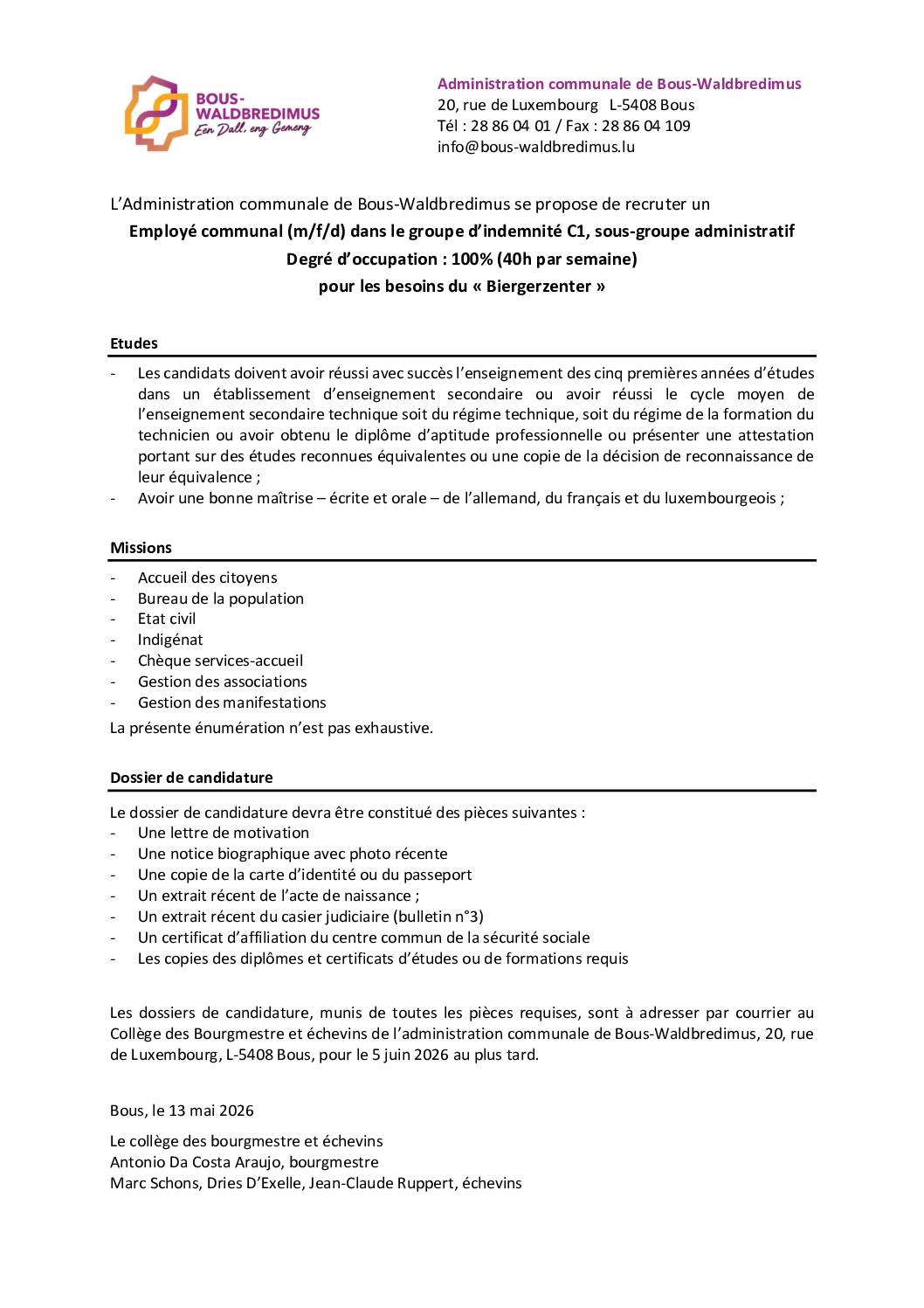 2026 05 16 - Recrutement de personnel - employé communal - C1, sous-groupe administratif
