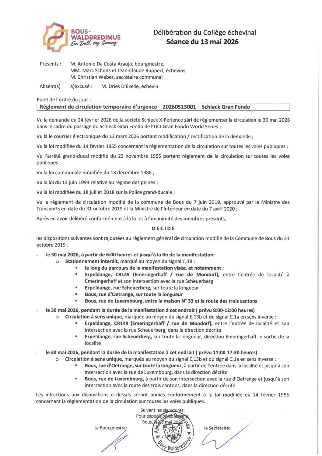 20260513001 - Règlement de circulation temporaire d'urgence - Schleck Gran Fondo