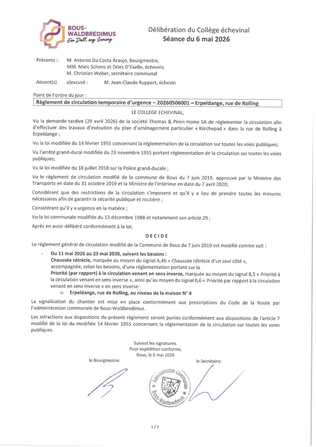 20260422003 - Règlement de circulation temporaire d'urgence - Trintange, rue Principale