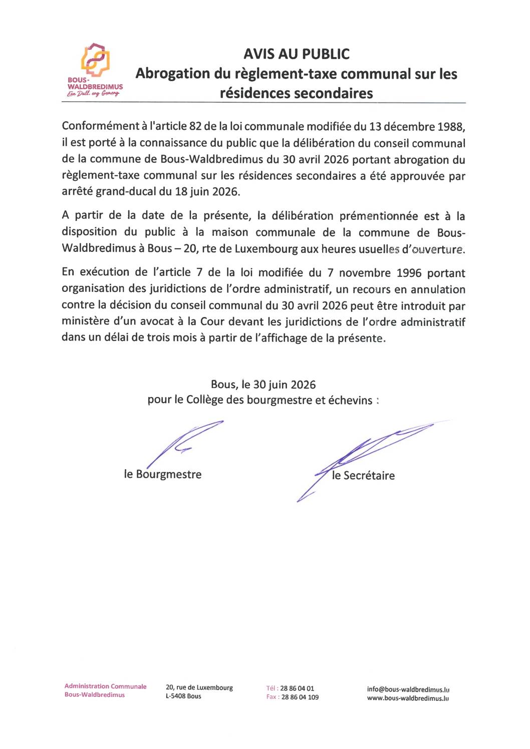2026 06 30 - Abrogation du règlement-taxe communal sur les résidences secondaires