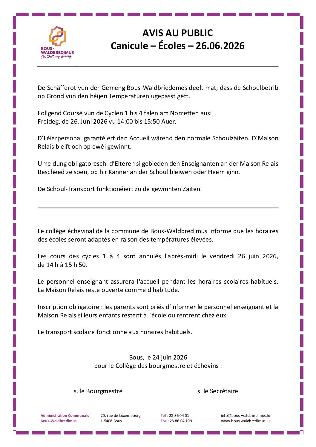 2026 06 24 - Avis au public - Canicule Ecoles - annulation des cours le 26.06.2026 après-midi
