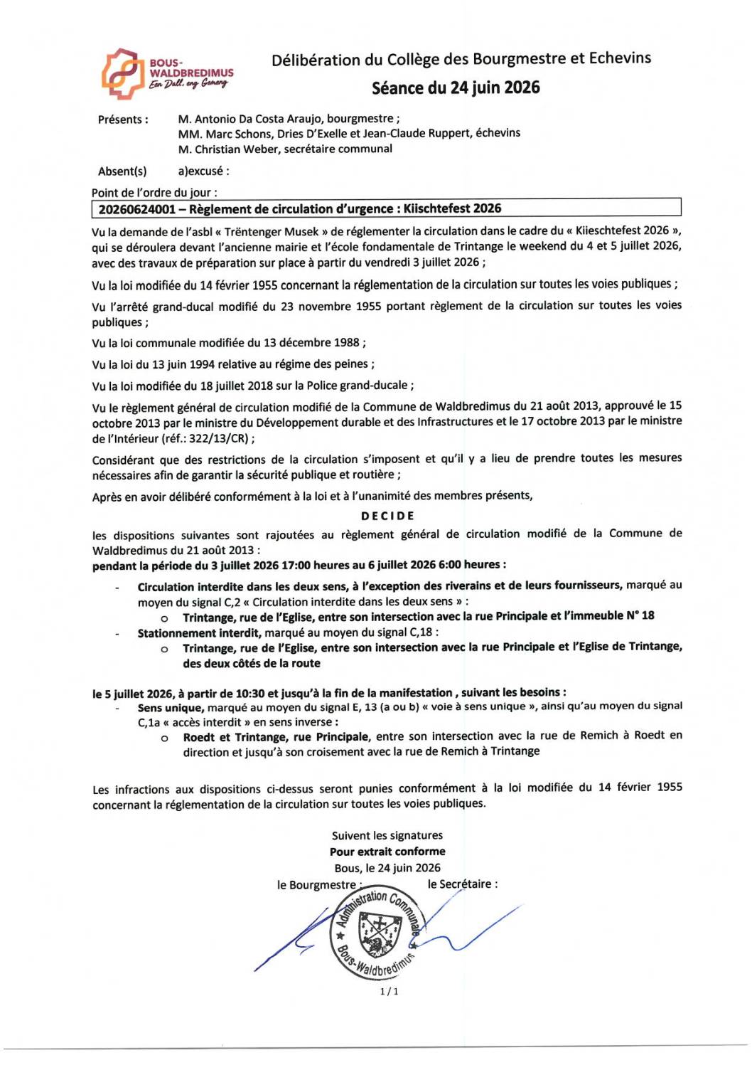 20260624001 - Règlement de circulation d'urgence - Kiischtefest 2026