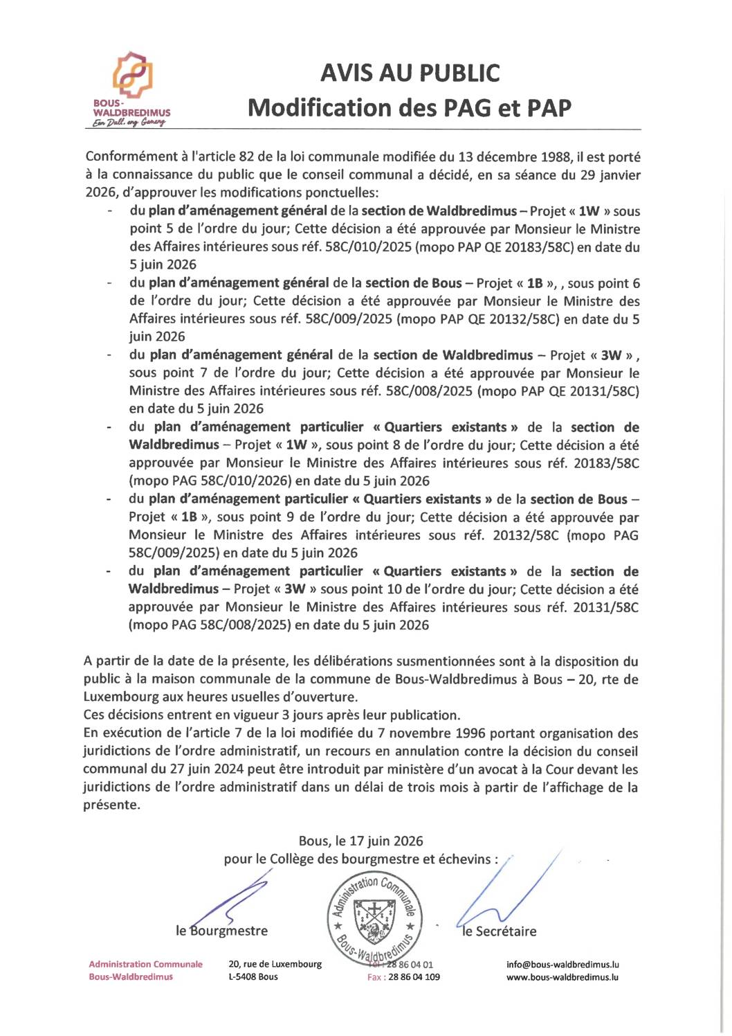 2026 06 17 - Modification des PAG et PAP des sections de Waldbredimus 1W, 3W et de la section de Bous 1B