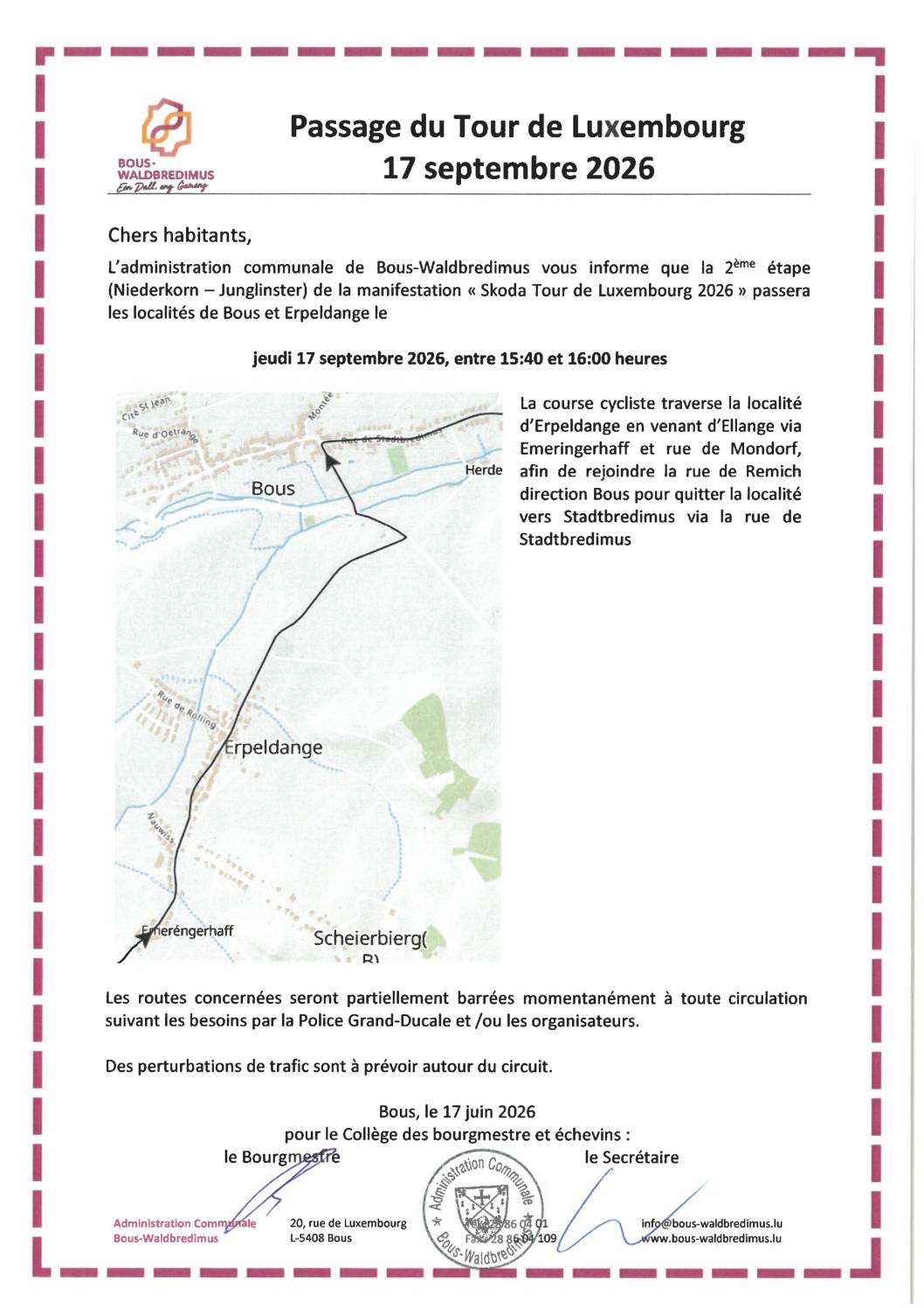 2026 06 17 - Perturbation du trafic - Passage du Tour de Luxembourg le 17/09/2026