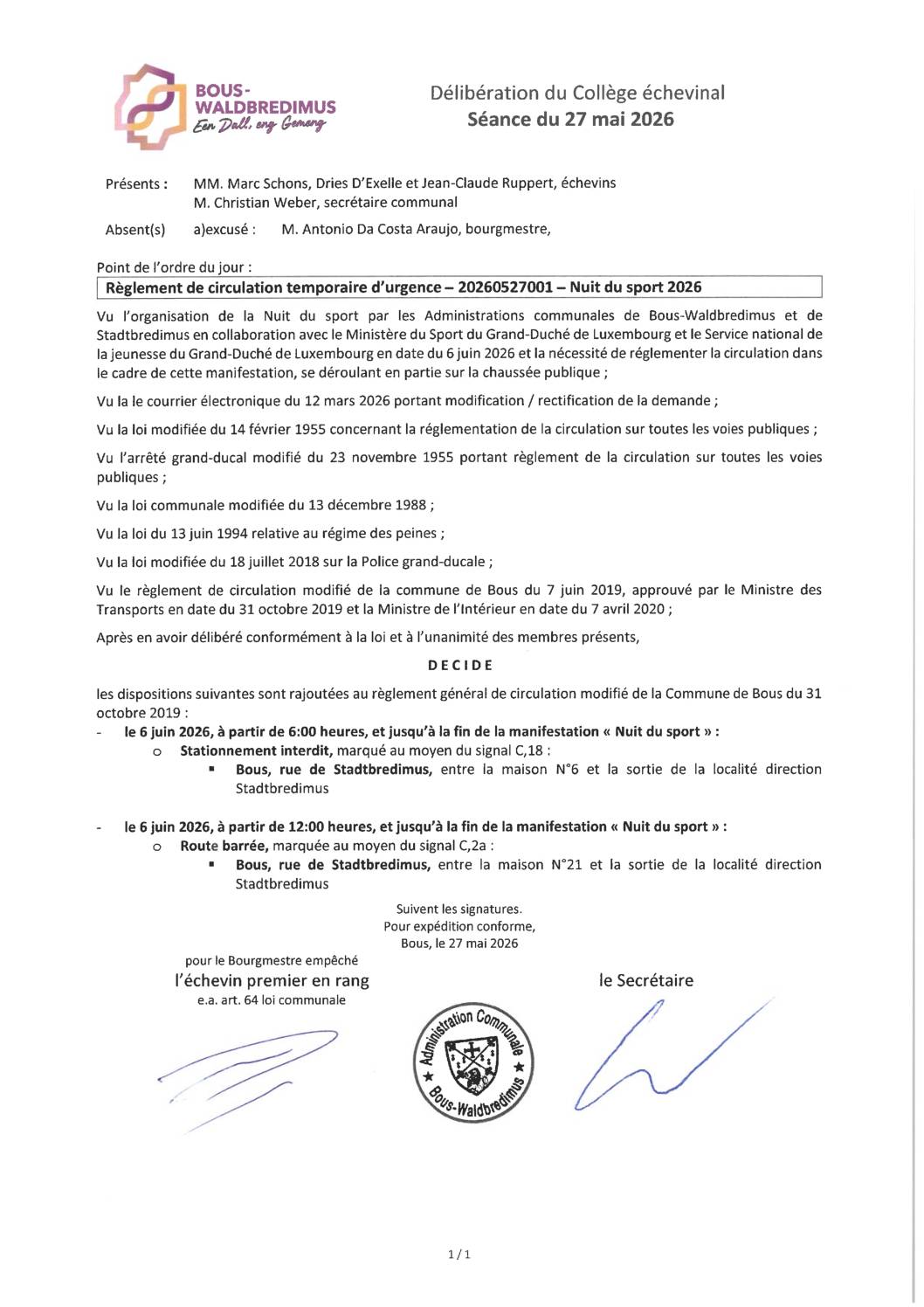 20260527001 - Règlement de circulation temporaire d'urgence - Nuit du sport 2026
