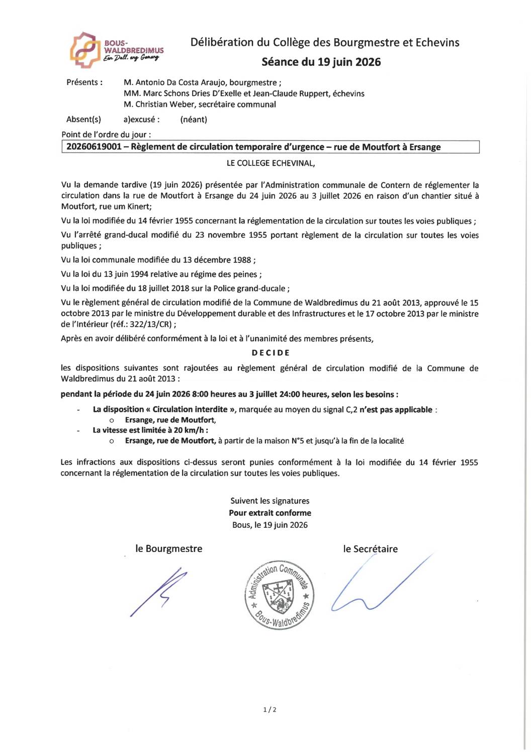 20260619001 - Règlement de circulation temporaire d'urgence - rue de Moutfort à Ersange