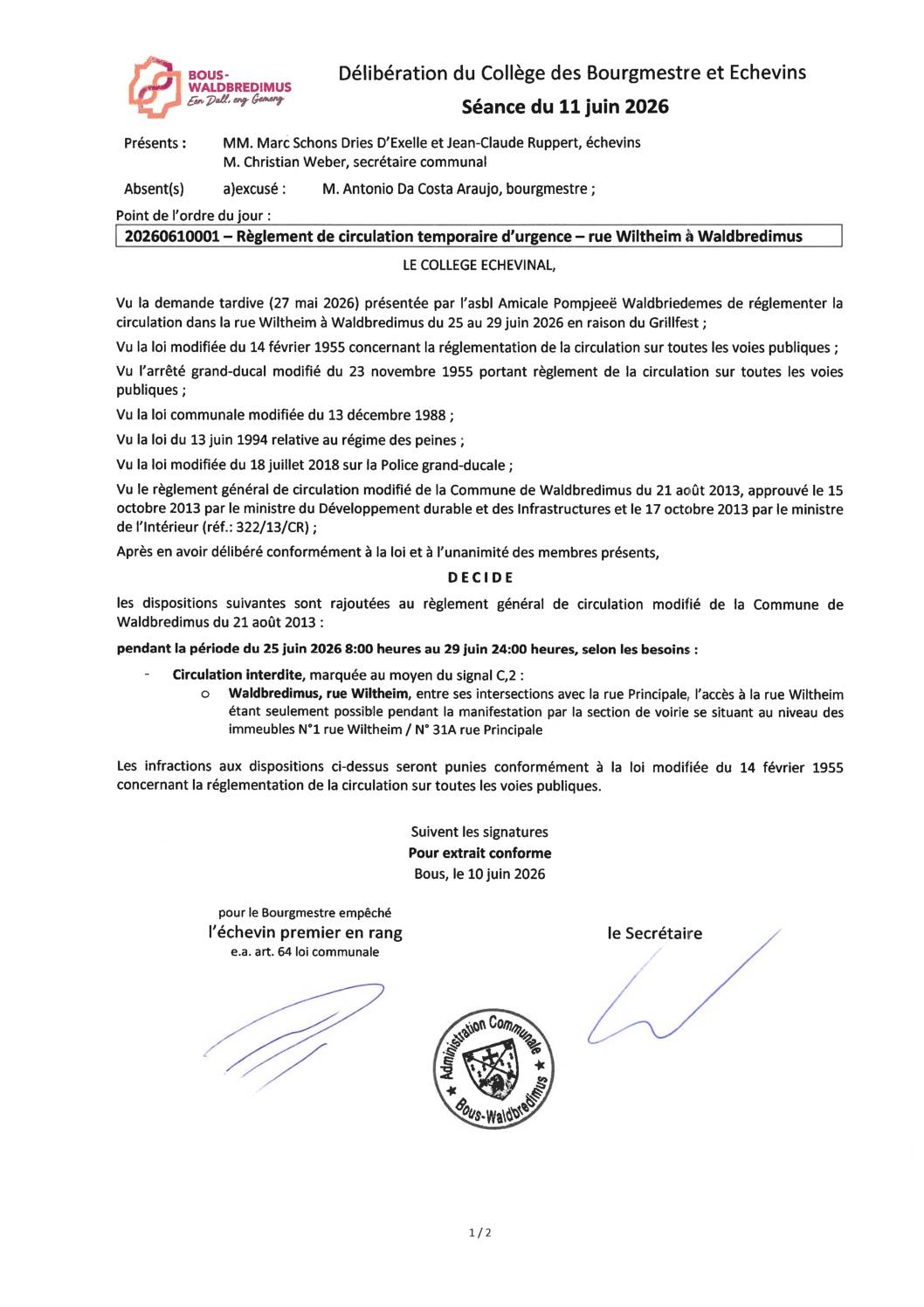 20260610001 - Règlement de circulation temporaire d'urgence - rue Wiltheim à Waldbredimus