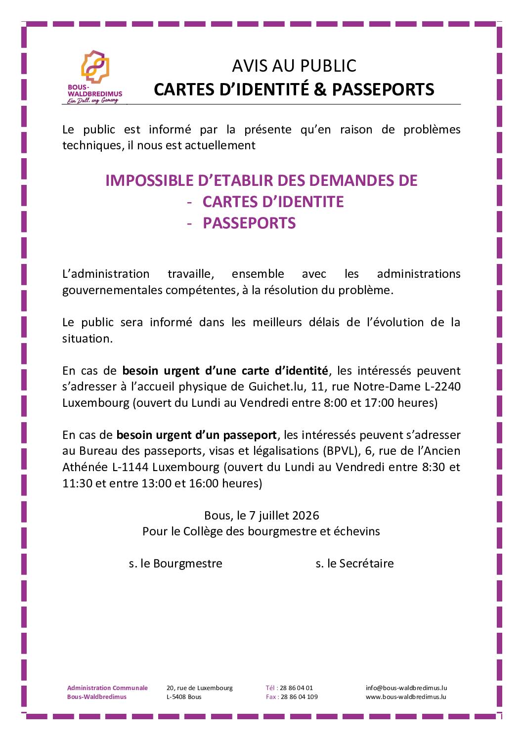 2026 07 07 - Impossibilité d'effectuer des demandes de cartes d'identité & passeports