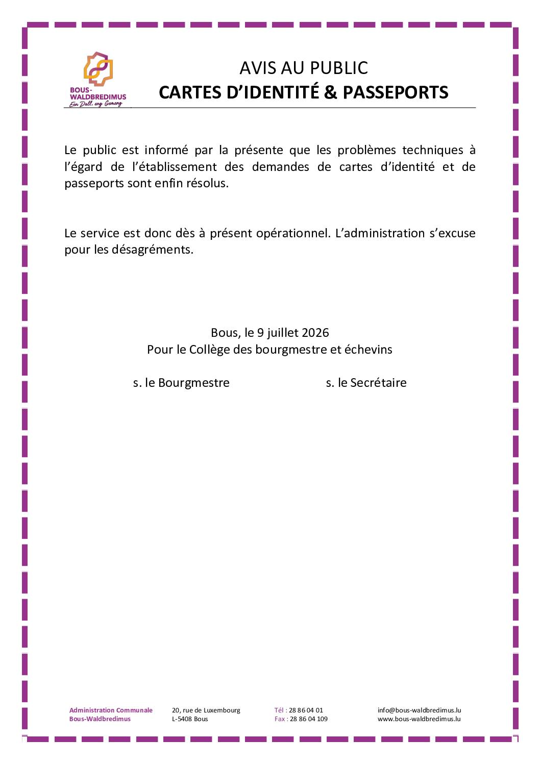 2026 07 09 - Service de nouveau opérationnel - Demandes de cartes d'identité & passeports