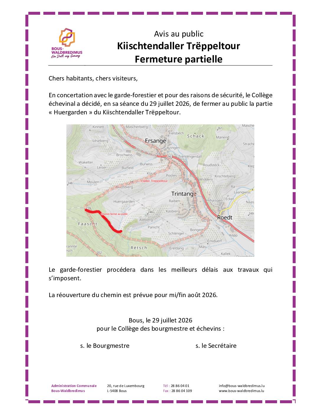 2026 07 29 - Kiischtendaller Trëppeltour - Fermeture partielle