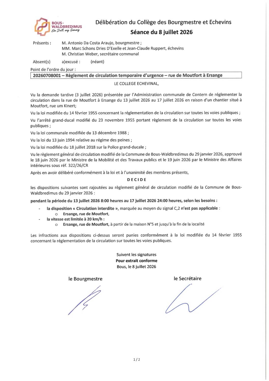 20260708001 - Règlement de circulation temporaire d'urgence - rue de Moutfort à Ersange
