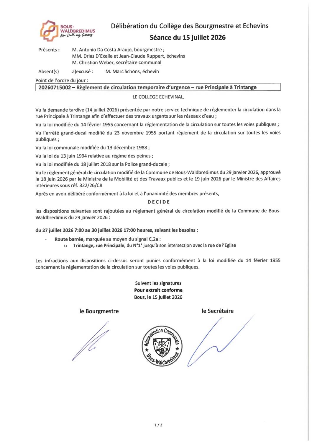 20260715002 - Règlement de circulation temporaire d'urgence - rue Principale à Trintange