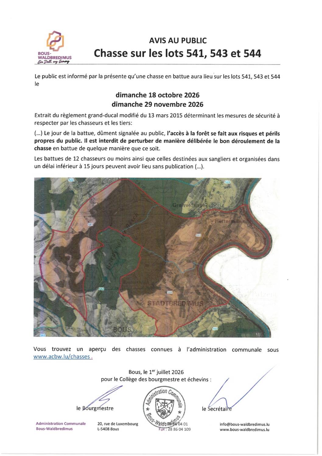 Chasse sur les lots 541, 543 et 544 - 18.10.2026 & 29.11.2026