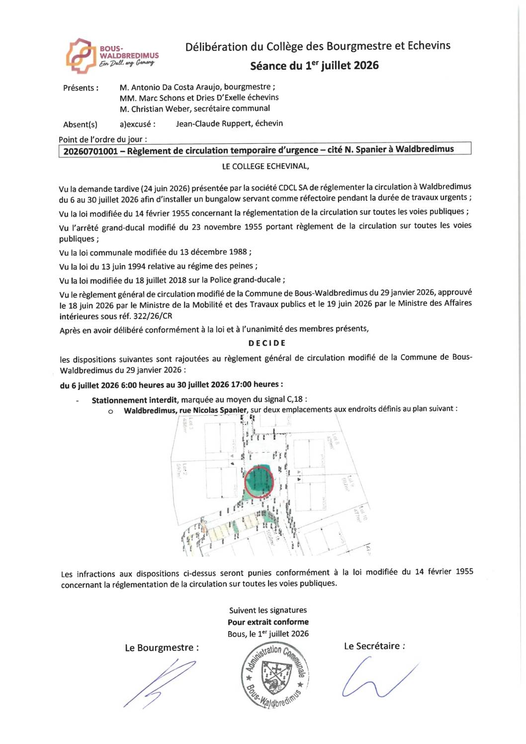 20260701001 - Règlement de circulation temporaire d'urgence - Cité N. Spanier à Waldbredimus