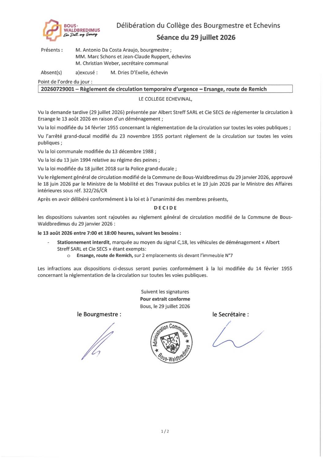 20260729001 - Règlement de circulation temporaire d'urgence - rte de Remich à Ersange