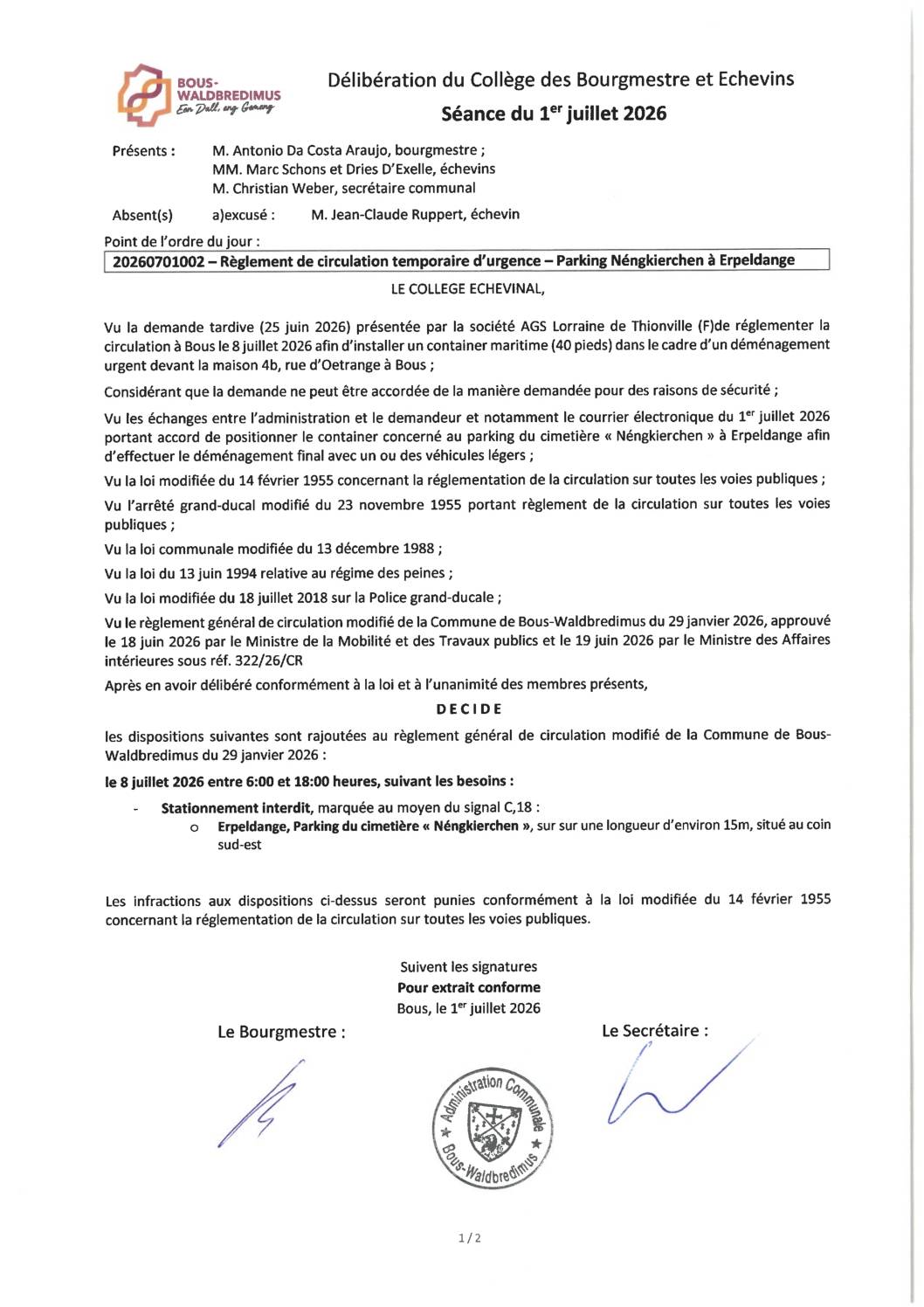 20260701002 - Règlement de circulation temporaire d'urgence - Parking Néngkierchen à Erpeldange