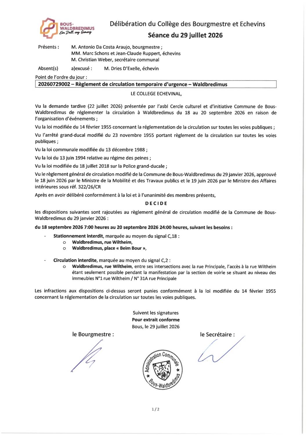 20260729002 - Règlement de circulation temporaire d'urgence - Waldbredimus