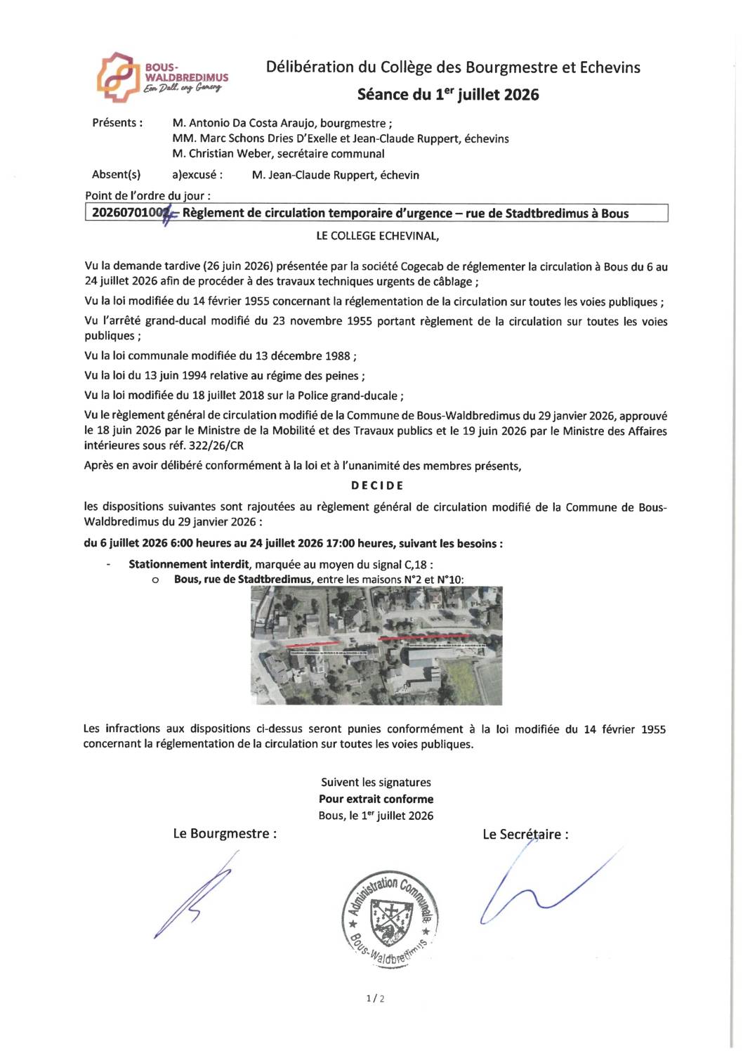 20260701004 - Règlement de circulation temporaire d'urgence - rue de Stadtbredimus à Bous