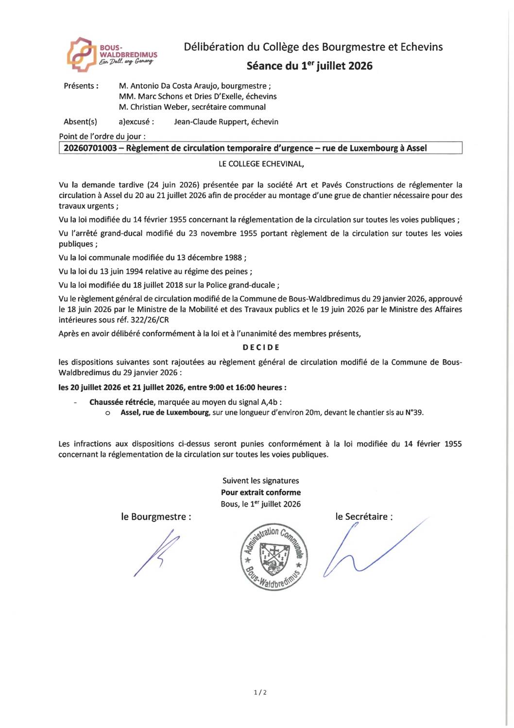 20260701003 - Règlement de circulation temporaire d'urgence - rue de Luxembourg à Assel