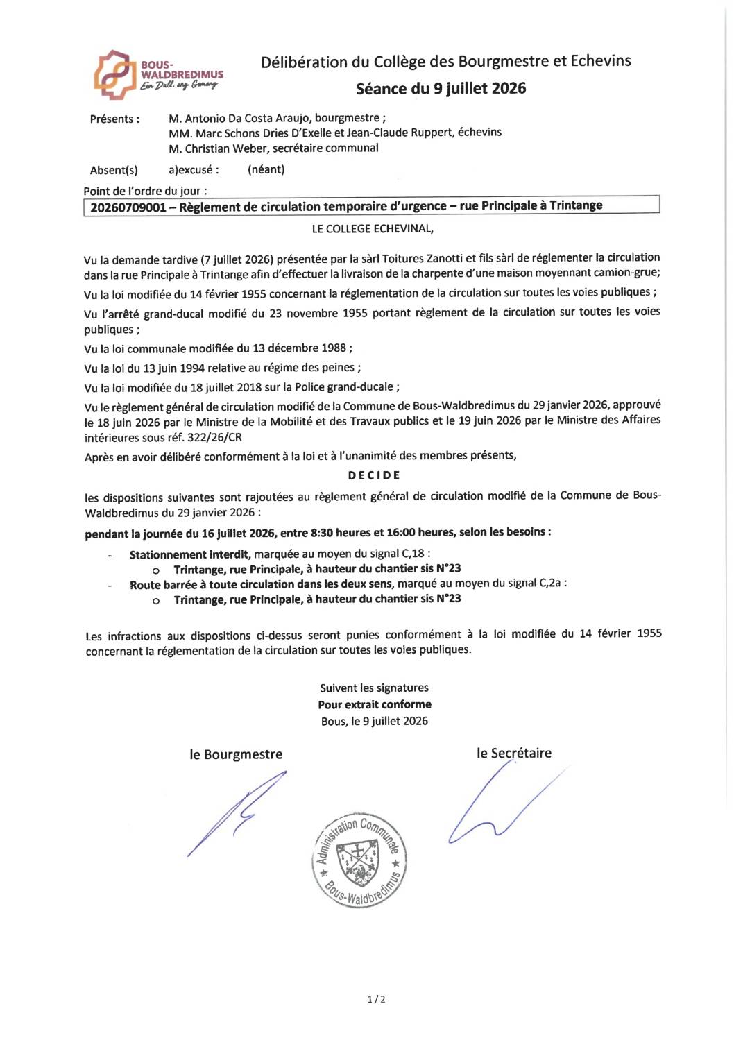 20260709001 - Règlement de circulation temporaire d'urgence - rue Principale à Trintange