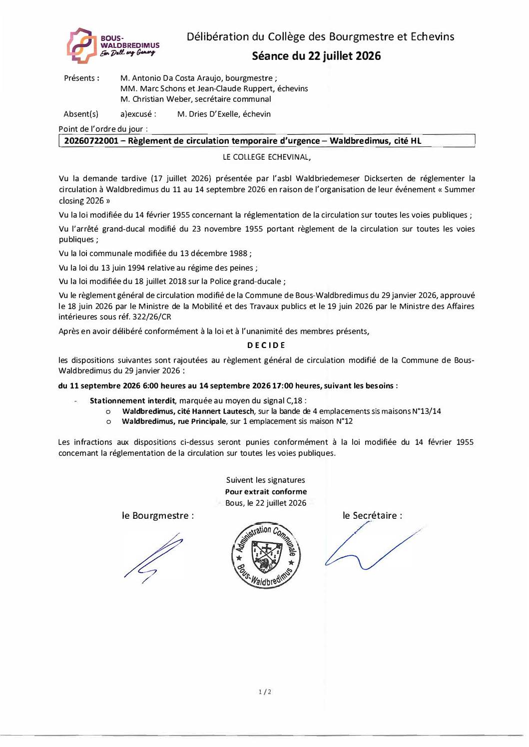 20260722001 - Règlement de circulation temporaire d'urgence - Cité Hannert Lautesch à Waldbredimus