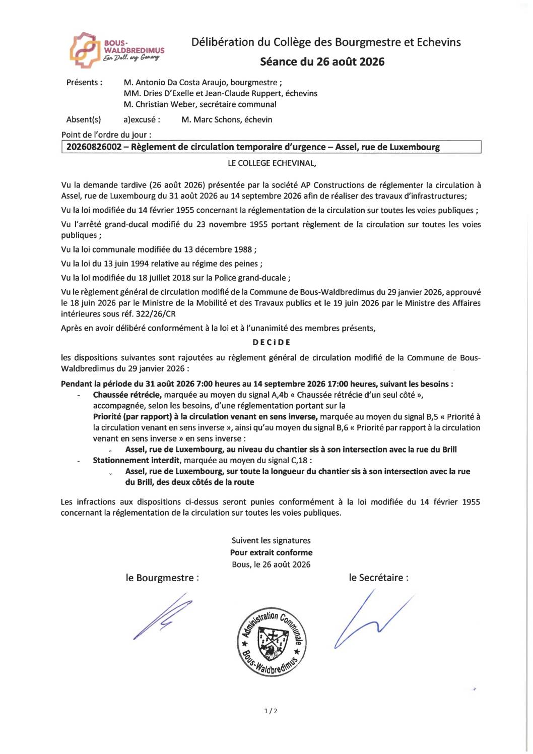 20260826002 - Règlement de circulation temporaire d'urgence - Assel, rue de Luxembourg