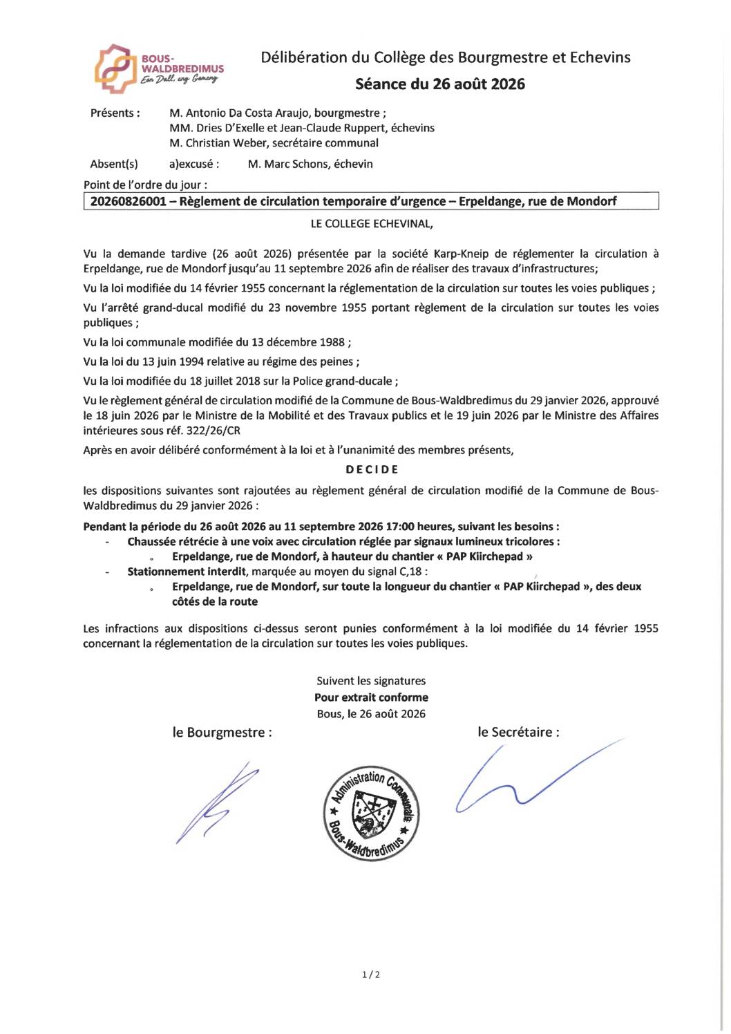20260826001 - Règlement de circulation temporaire d'urgence - Erpeldange, rue de Mondorf