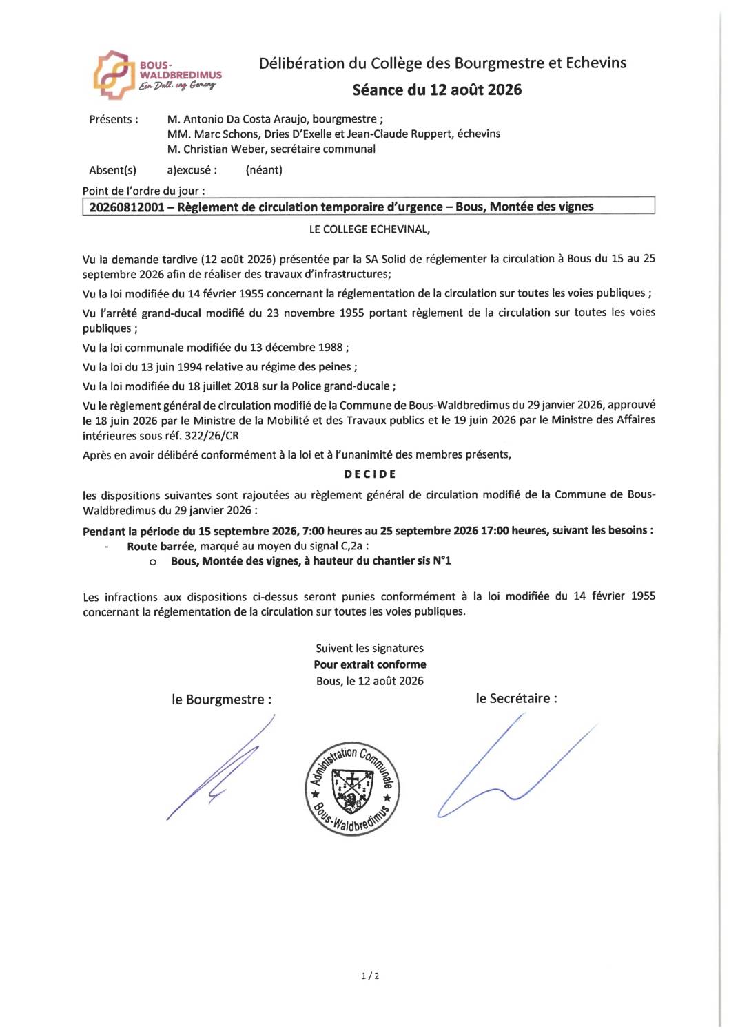 20260812001 - Règlement de circulation temporaire d'urgence - Bous, montée des vignes